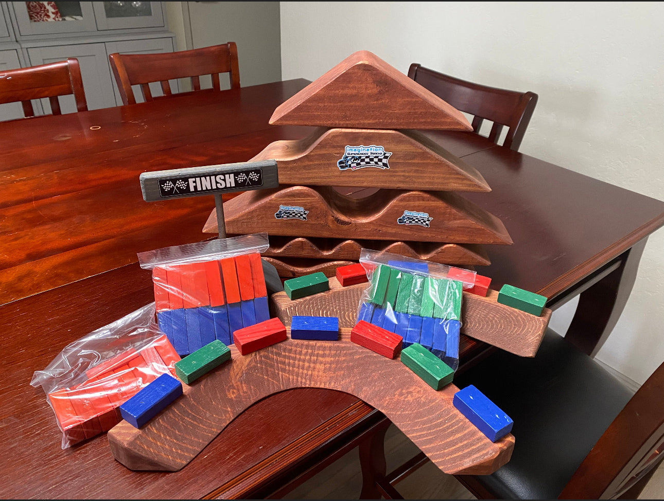 Imagination Supercross Tracks, neon blocks, wooden toy, toy track, with wooden roller and track on table
