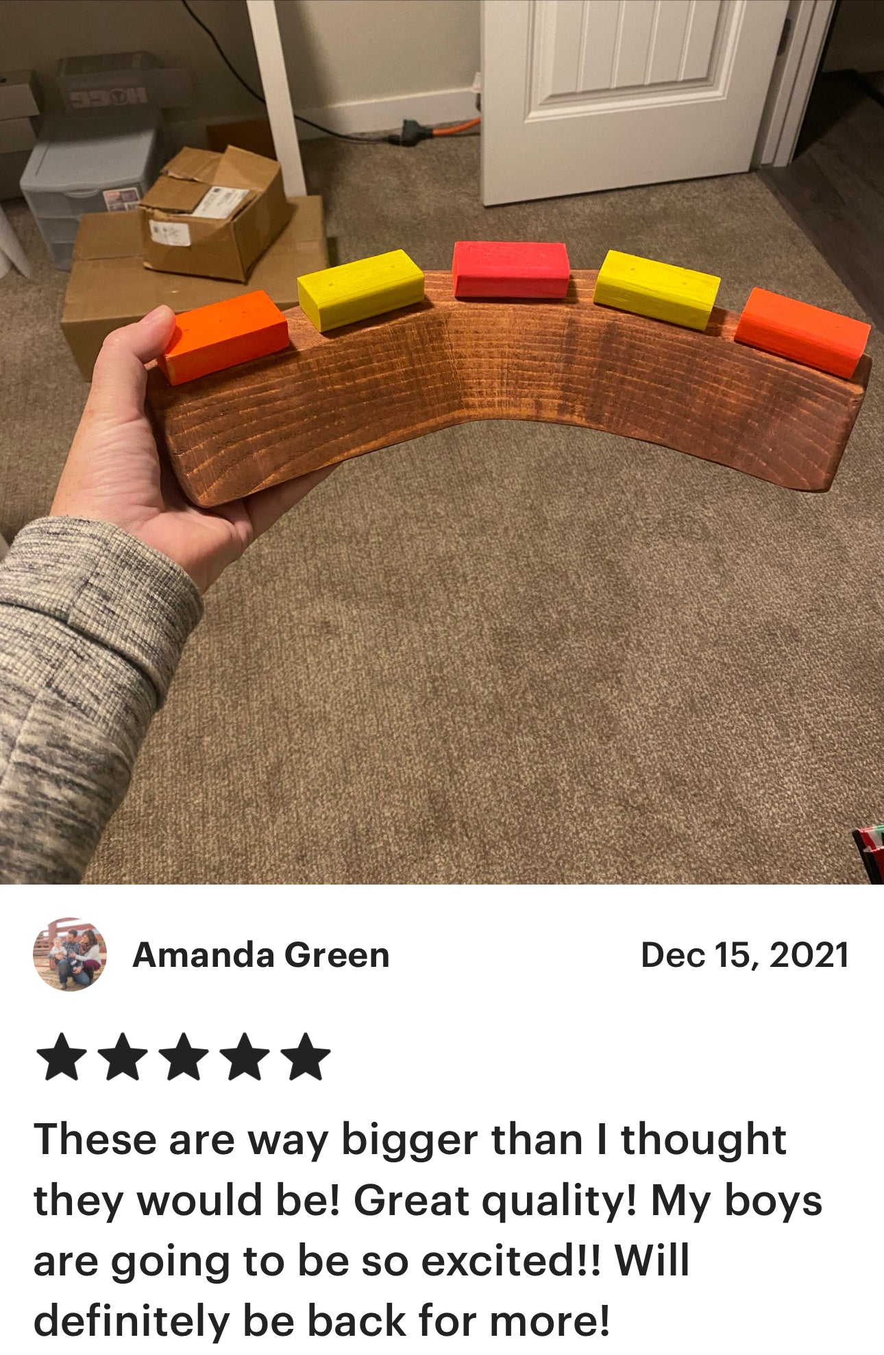 90 berm, neon blocks, wooden toy, toy track, happy customer review, 5 star review